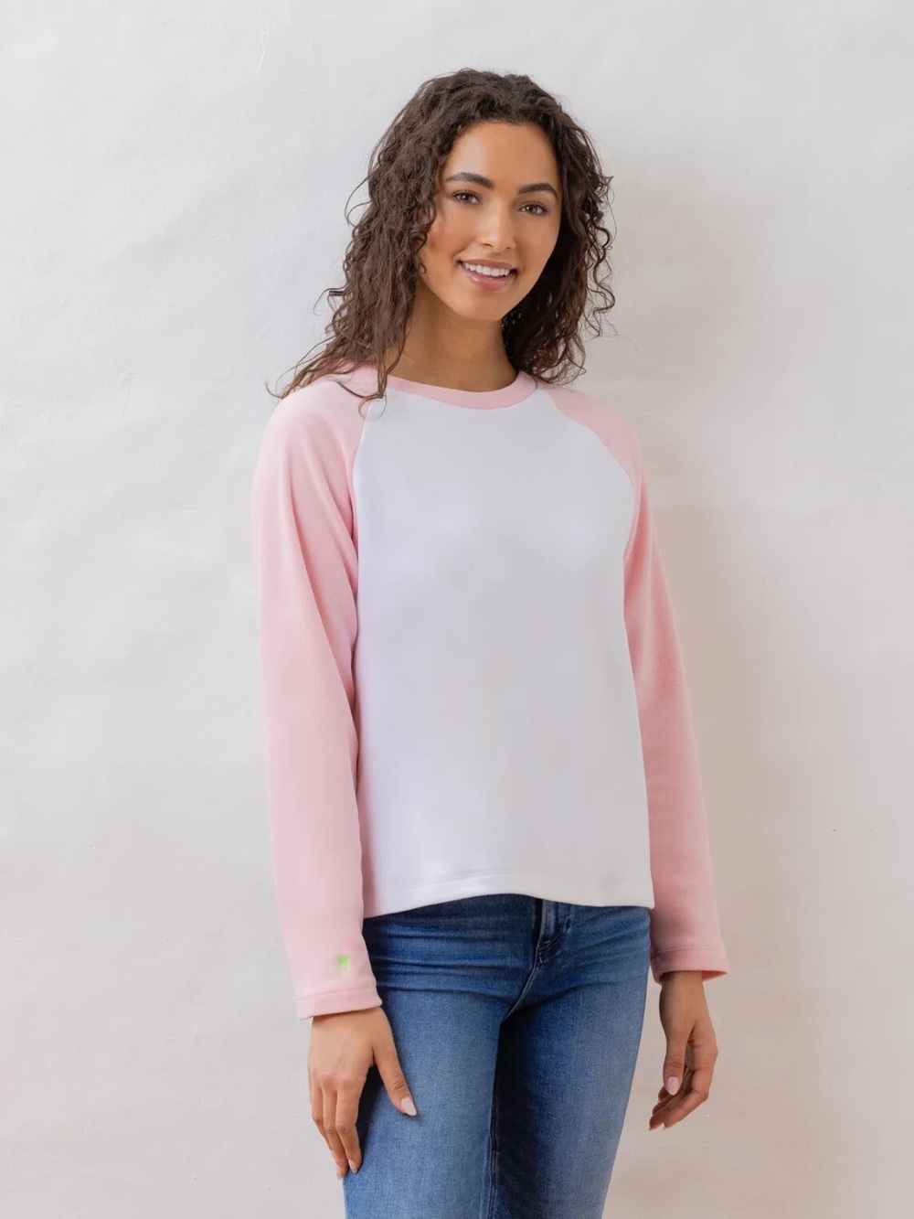 Dudley Stephens Cove Crewneck Terry Fleece Pink & White Baseball Style Shirt